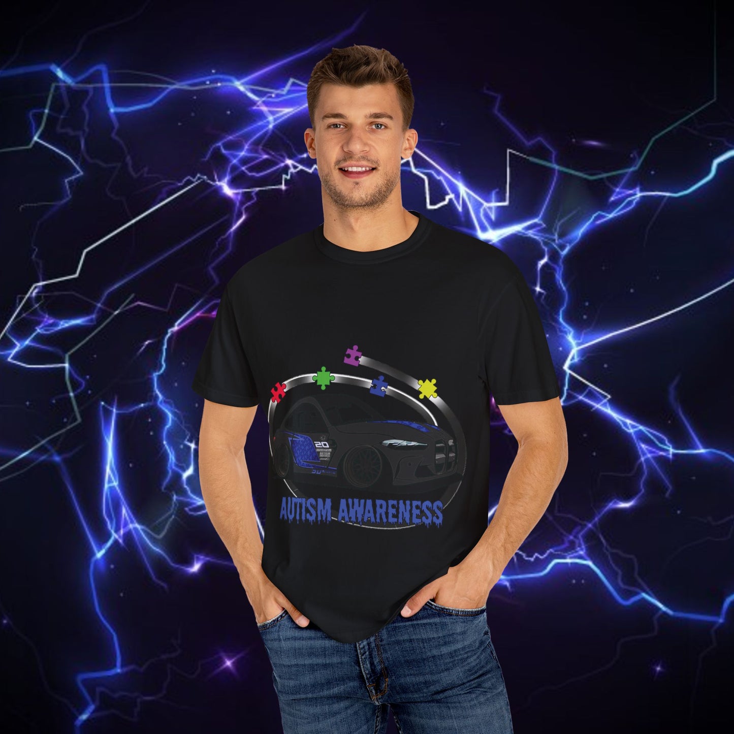 Unisex Autism Awareness T-Shirt with QR Code - Unique Garment-Dyed Tee for Car Lovers