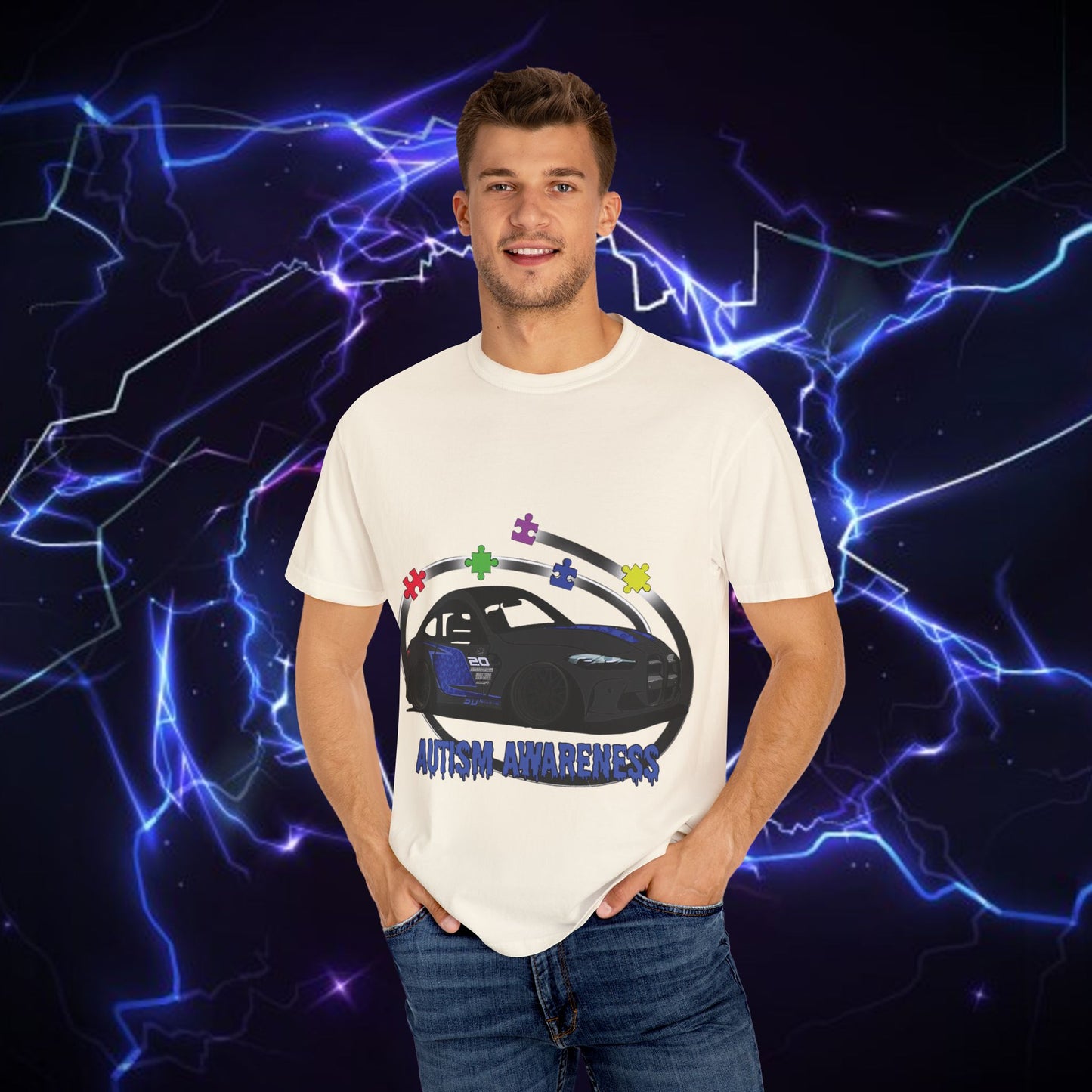 Unisex Autism Awareness T-Shirt with QR Code - Unique Garment-Dyed Tee for Car Lovers