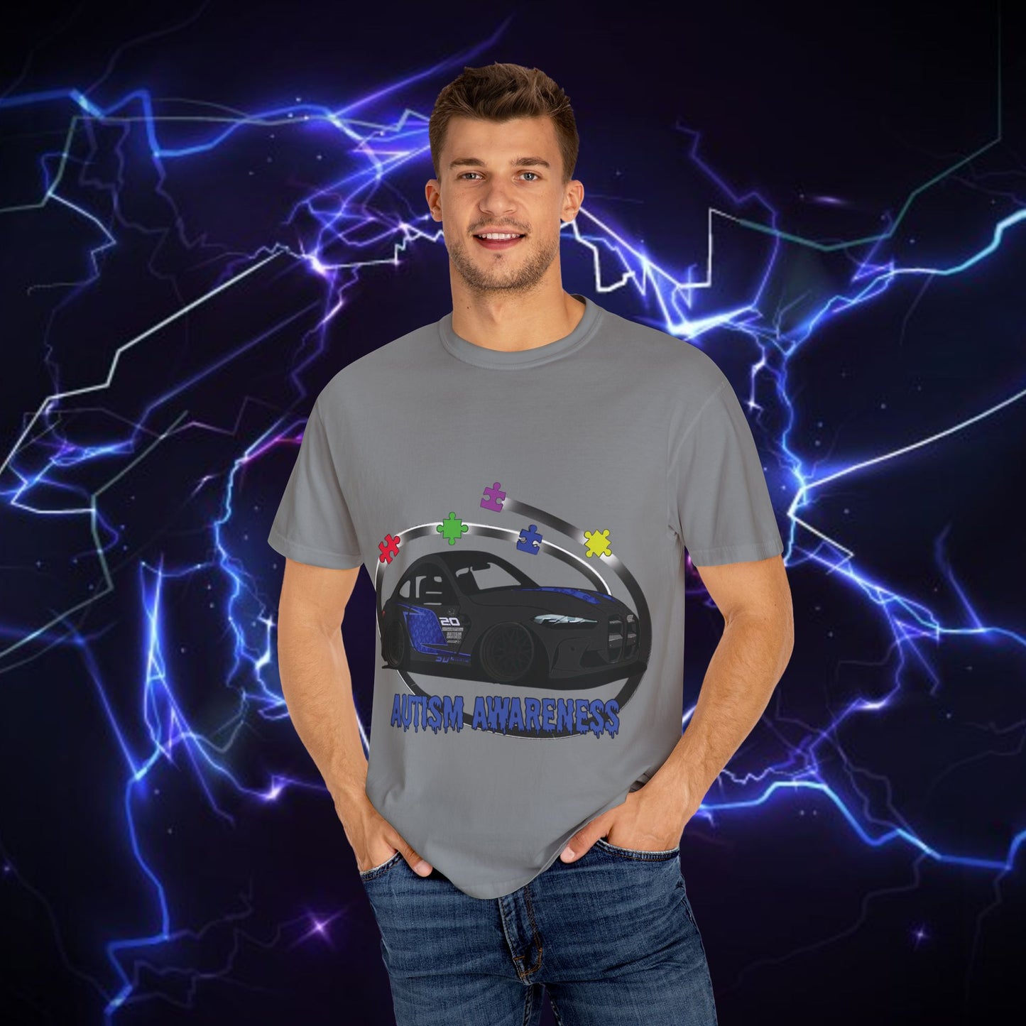 Unisex Autism Awareness T-Shirt with QR Code - Unique Garment-Dyed Tee for Car Lovers