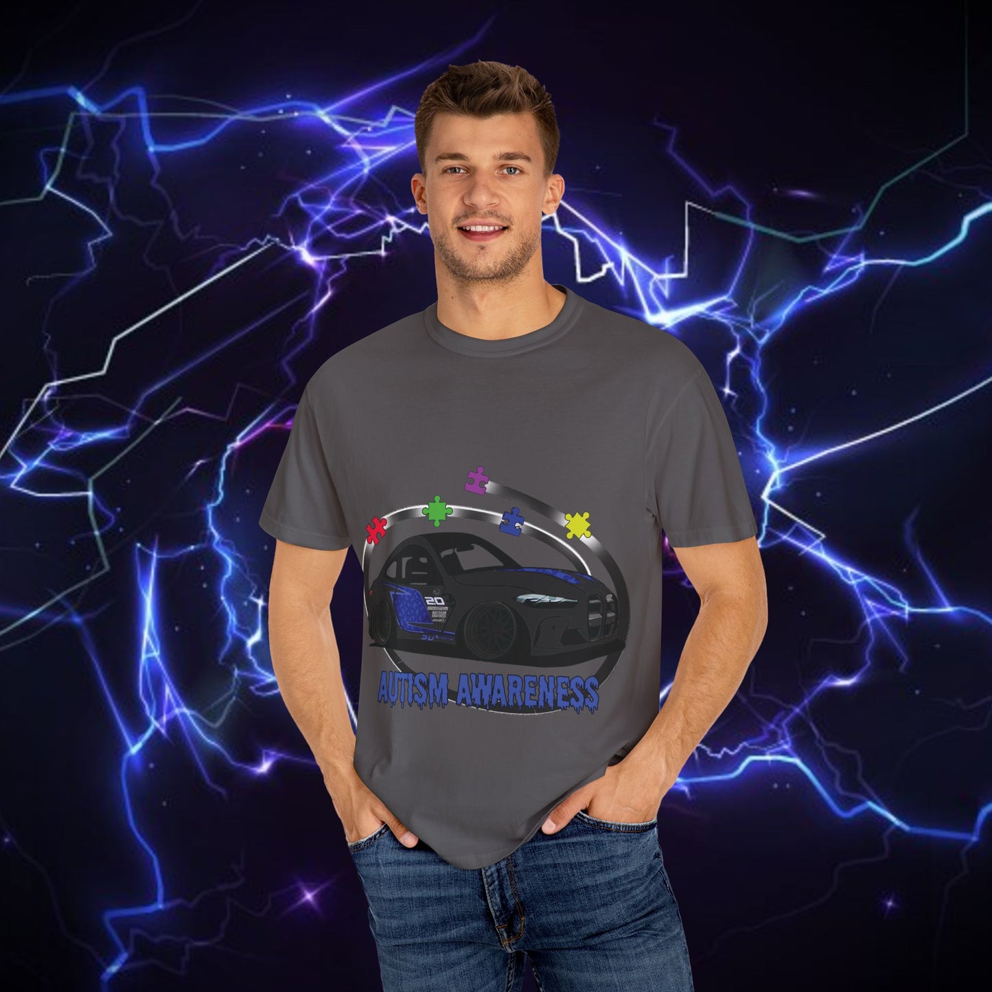 Unisex Autism Awareness T-Shirt with QR Code - Unique Garment-Dyed Tee for Car Lovers