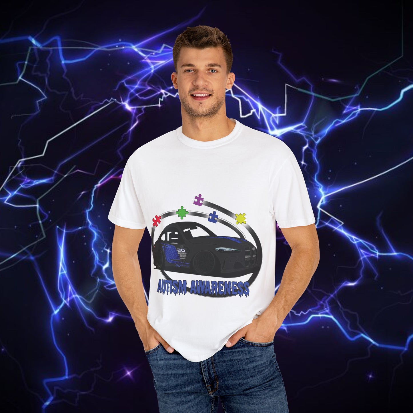 Unisex Autism Awareness T-Shirt with QR Code - Unique Garment-Dyed Tee for Car Lovers